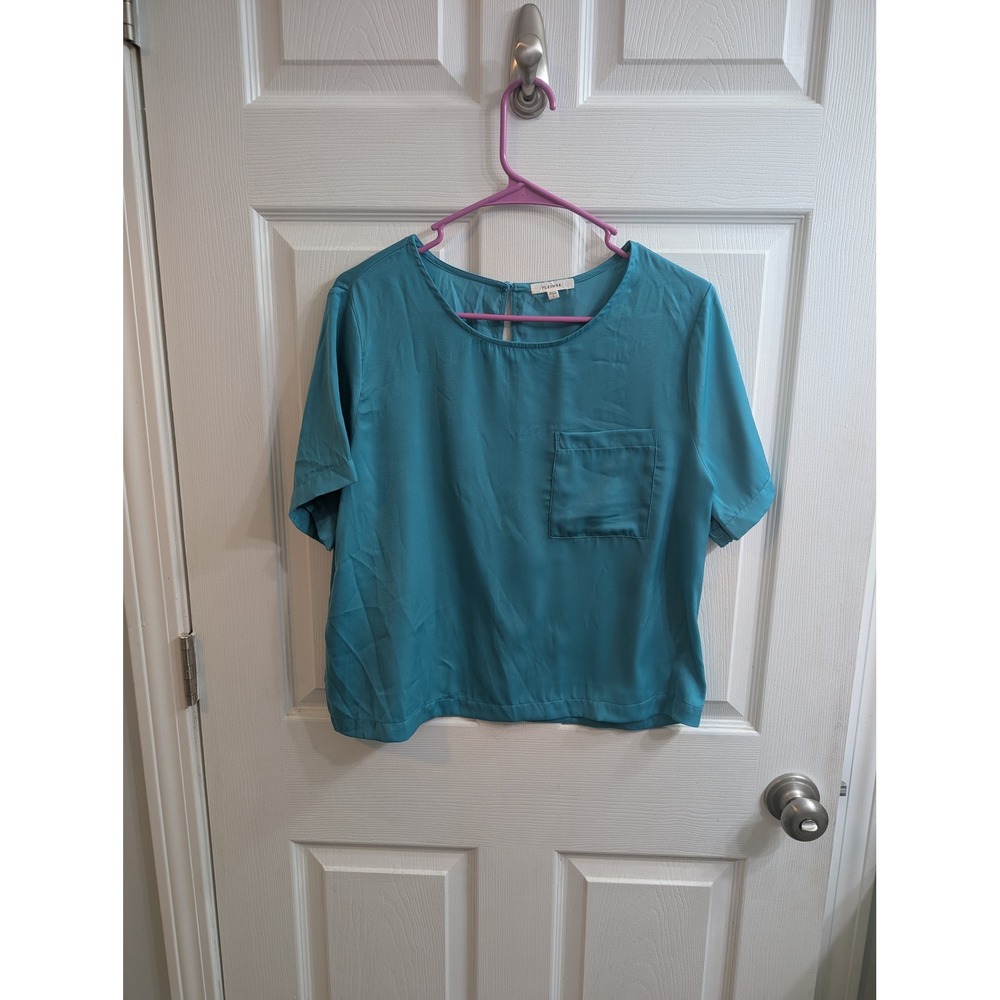 Pleione Teal Short Sleeve Keyhole Back Pocket Blouse Top Women's -‎ Size L